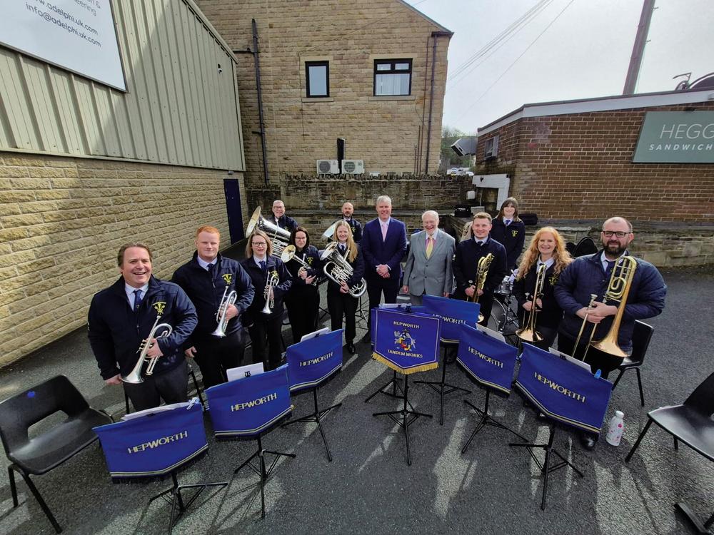 Adelphi Tandem Works - The Hepworth Brass Band with Stephen Holroyd, Chairman and Owner of Adelphi Group and Chris Wilson, MD.jpeg