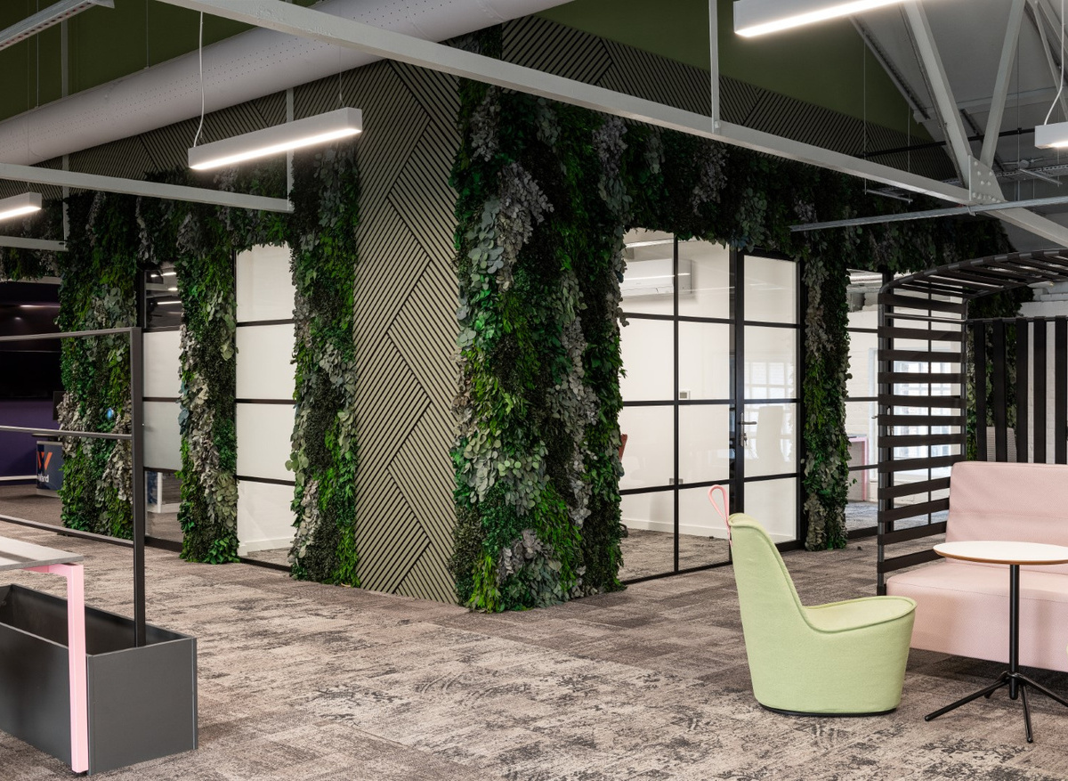 Large biophilic feature wall with preserved and olive green slat
